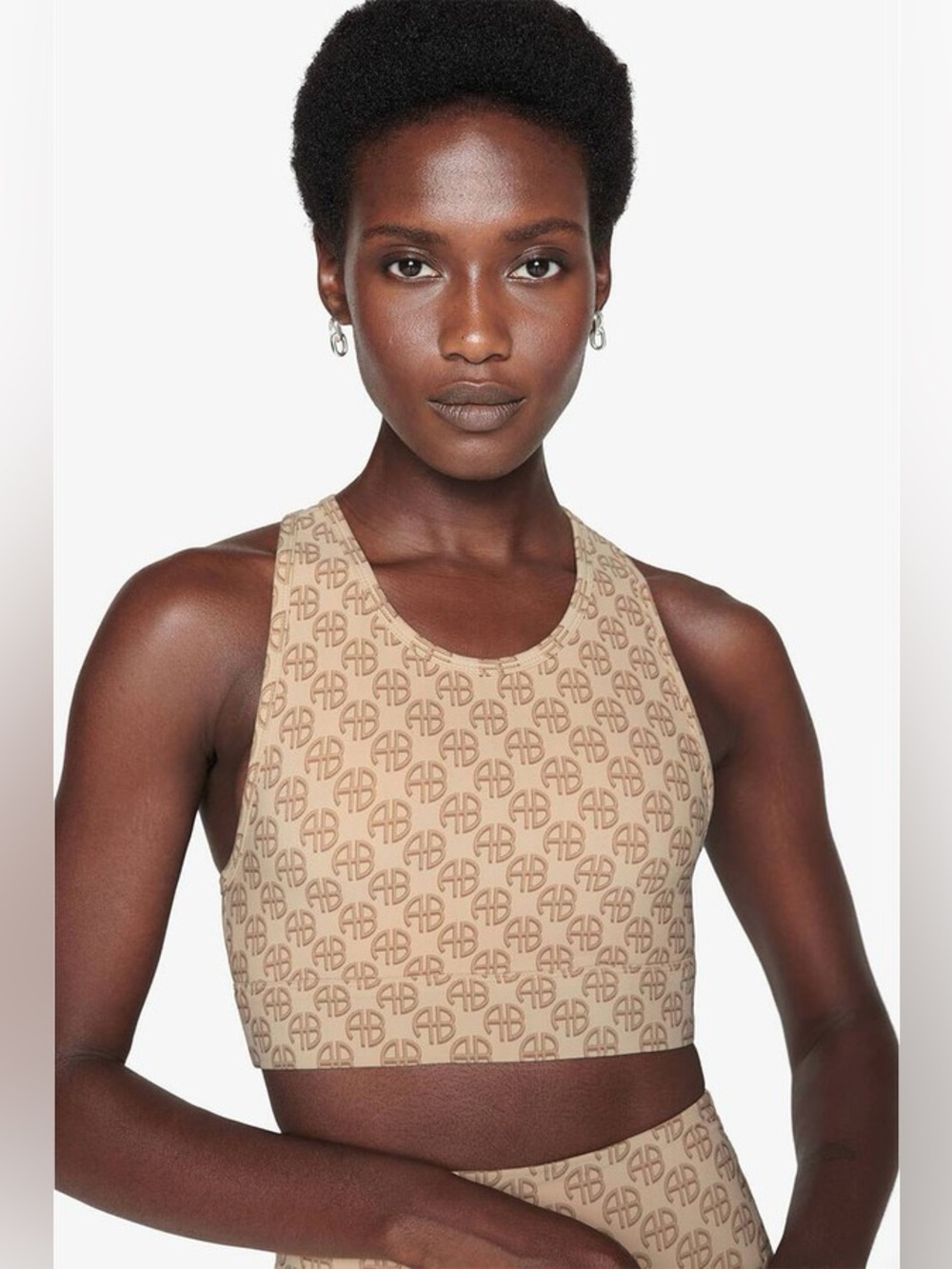 ANINE BING BLAIR CAMEL MONOGRAM PRINT SPORT BRA LARGE